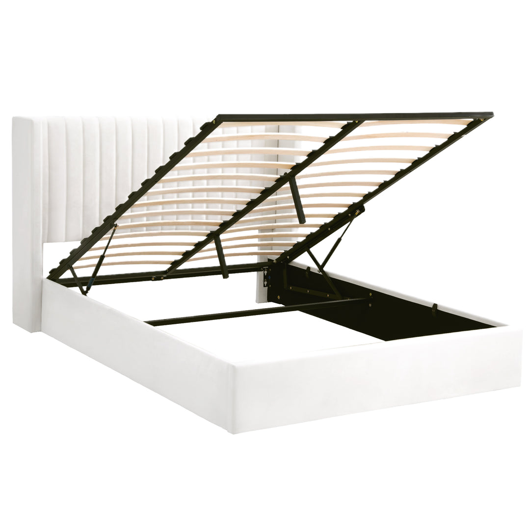 Celeste Queen Bed Frame | Gas Lift Storage, USB Type-C Charging, White Velvet Geometric Headboard | Greenora Living Australia