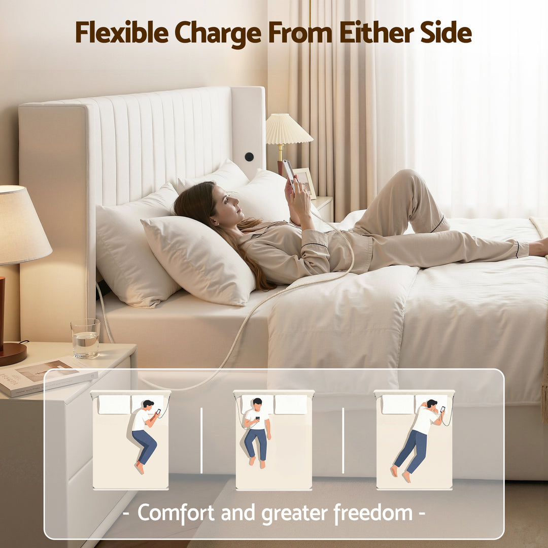 Celeste Queen Bed Frame | Gas Lift Storage, USB Type-C Charging, White Velvet Geometric Headboard | Greenora Living Australia