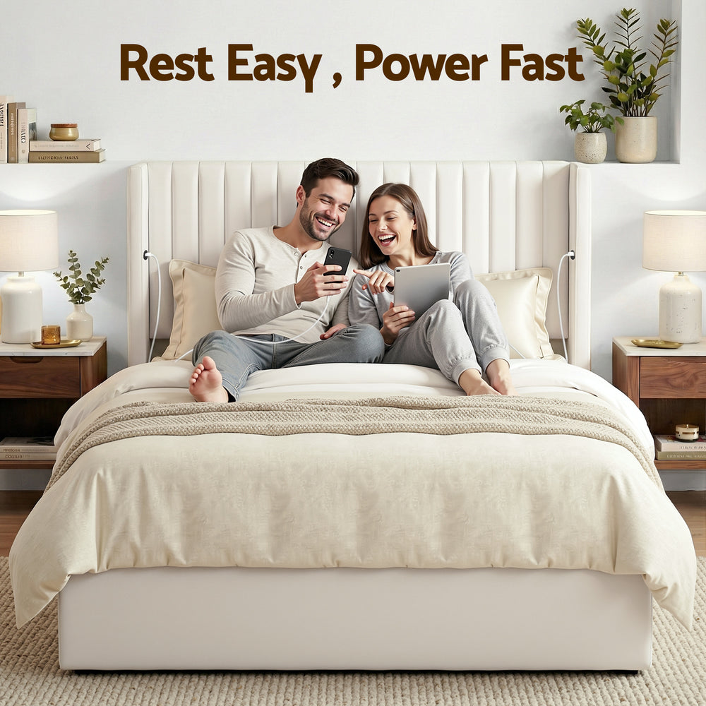 Celeste Queen Bed Frame | Gas Lift Storage, USB Type-C Charging, White Velvet Geometric Headboard | Greenora Living Australia