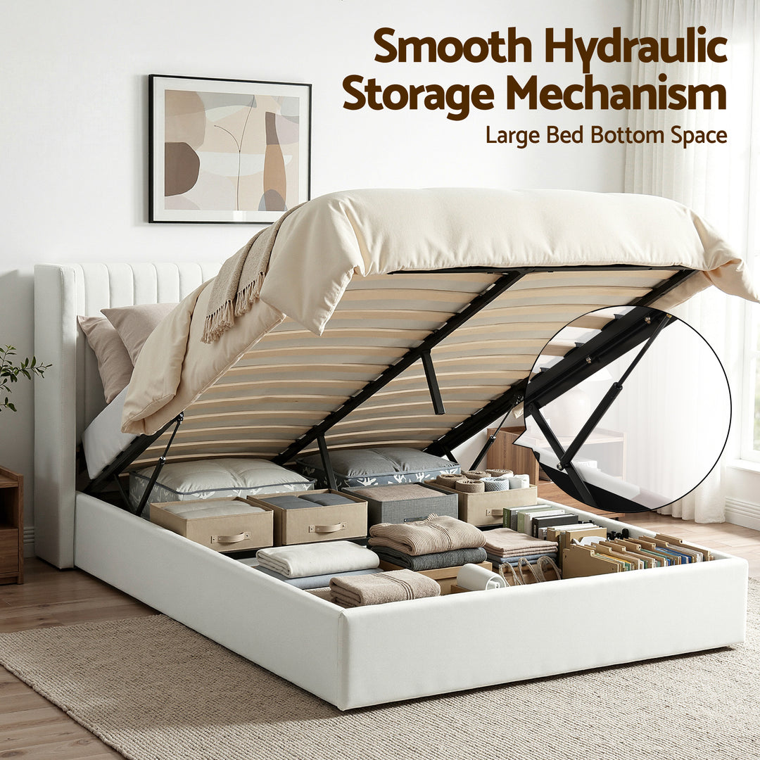 Celeste Queen Bed Frame | Gas Lift Storage, USB Type-C Charging, White Velvet Geometric Headboard | Greenora Living Australia