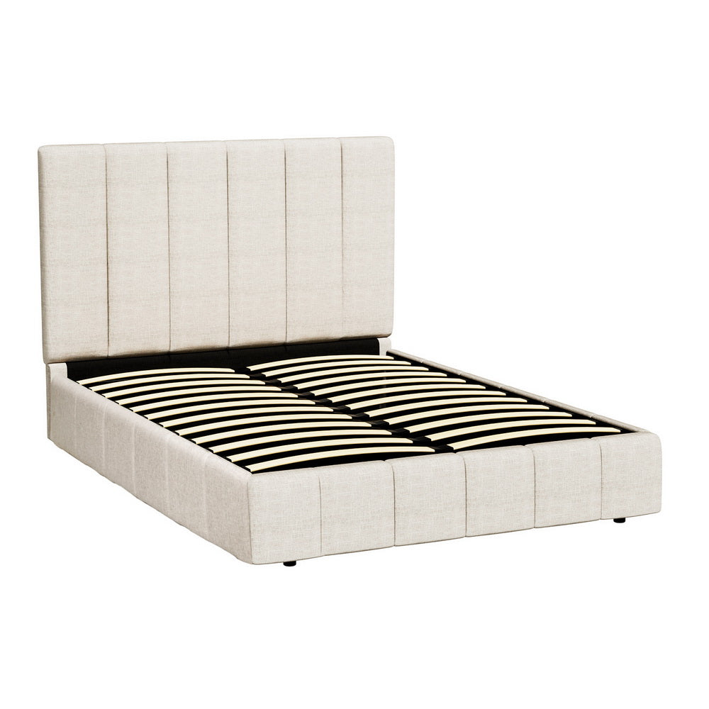 Tette Beige Linen Double Bed Frame – Gas Lift Storage | Padded Headboard | Pine Wood | 300kg - Greenora Living
