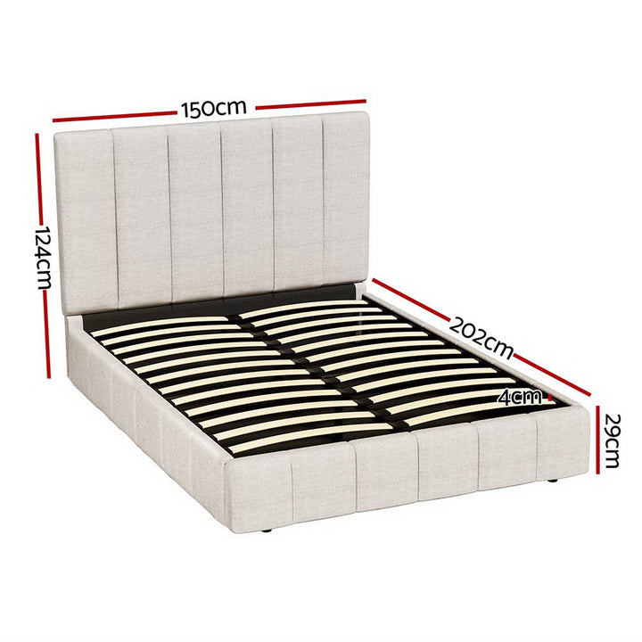 Tette Beige Linen Double Bed Frame – Gas Lift Storage | Padded Headboard | Pine Wood | 300kg - Greenora Living