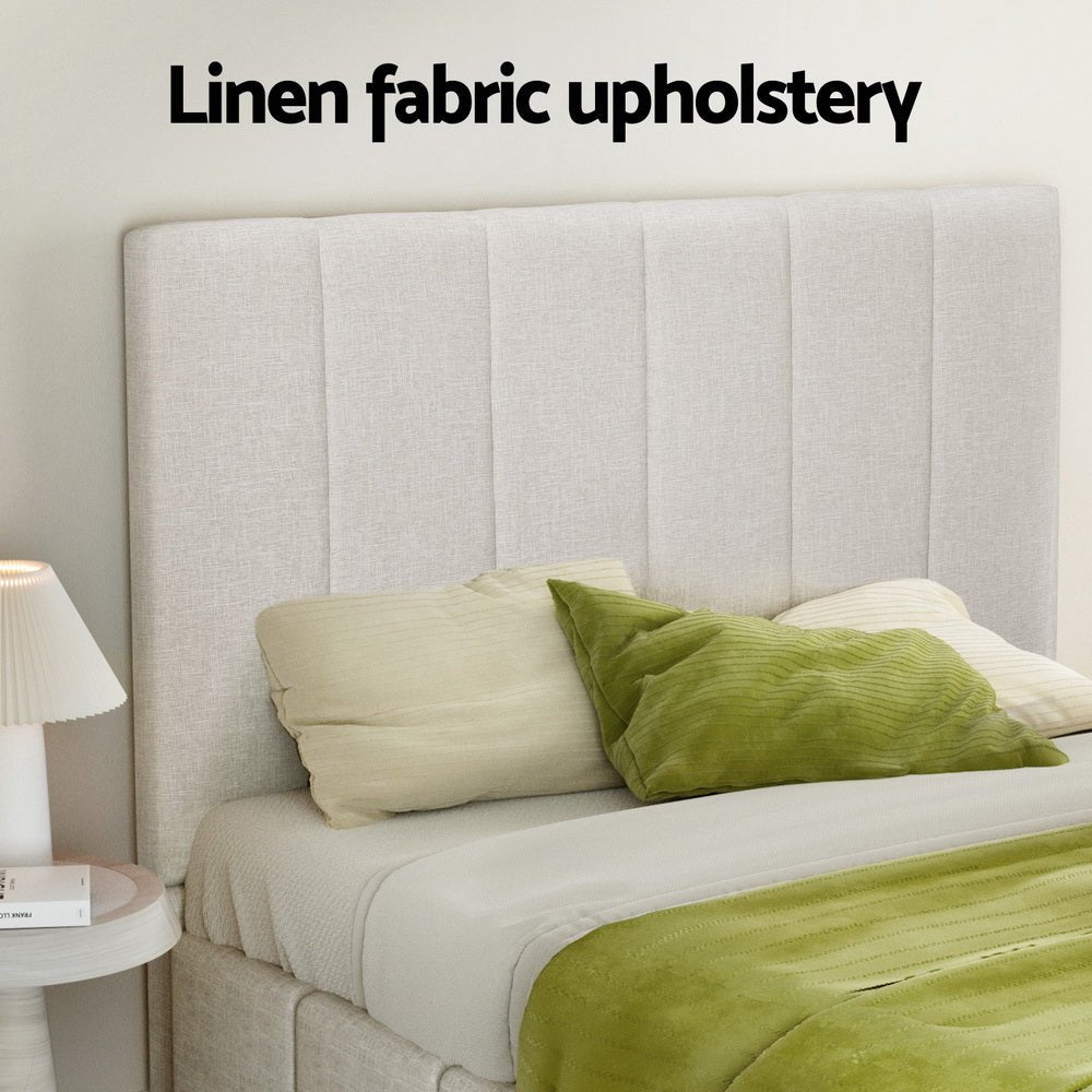 Tette Beige Linen Double Bed Frame | Gas Lift Storage & Padded Headboard | Greenora Living Australia