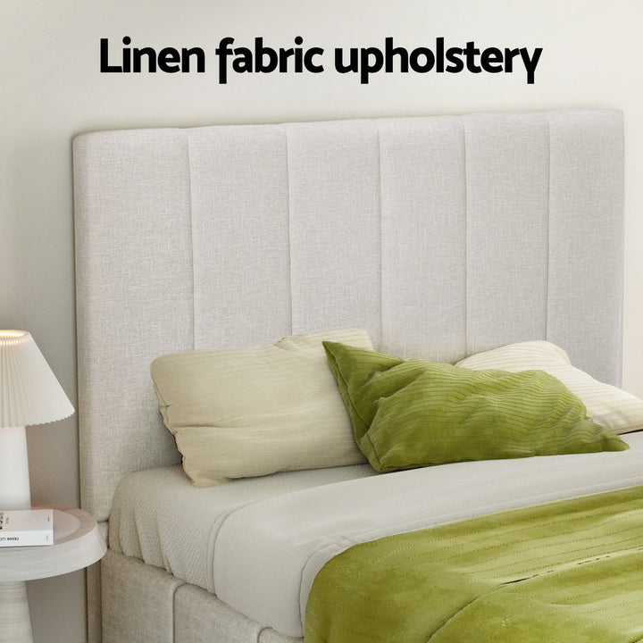 Tette Beige Linen Double Bed Frame – Gas Lift Storage | Padded Headboard | Pine Wood | 300kg - Greenora Living