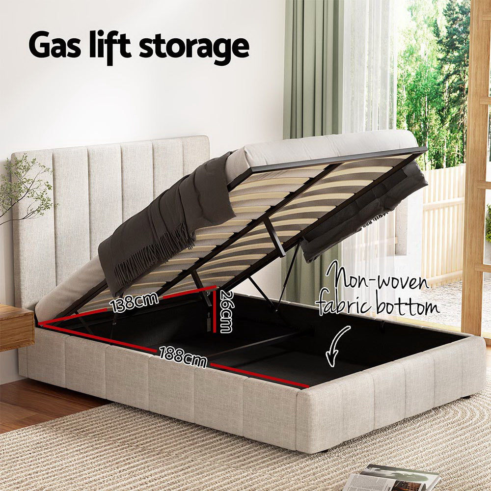 Tette Beige Linen Double Bed Frame – Gas Lift Storage | Padded Headboard | Pine Wood | 300kg - Greenora Living