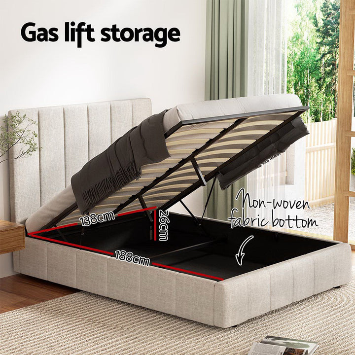 Tette Beige Linen Double Bed Frame – Gas Lift Storage | Padded Headboard | Pine Wood | 300kg - Greenora Living