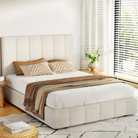 Tette Beige Linen Double Bed Frame | Gas Lift Storage & Padded Headboard | Greenora Living Australia