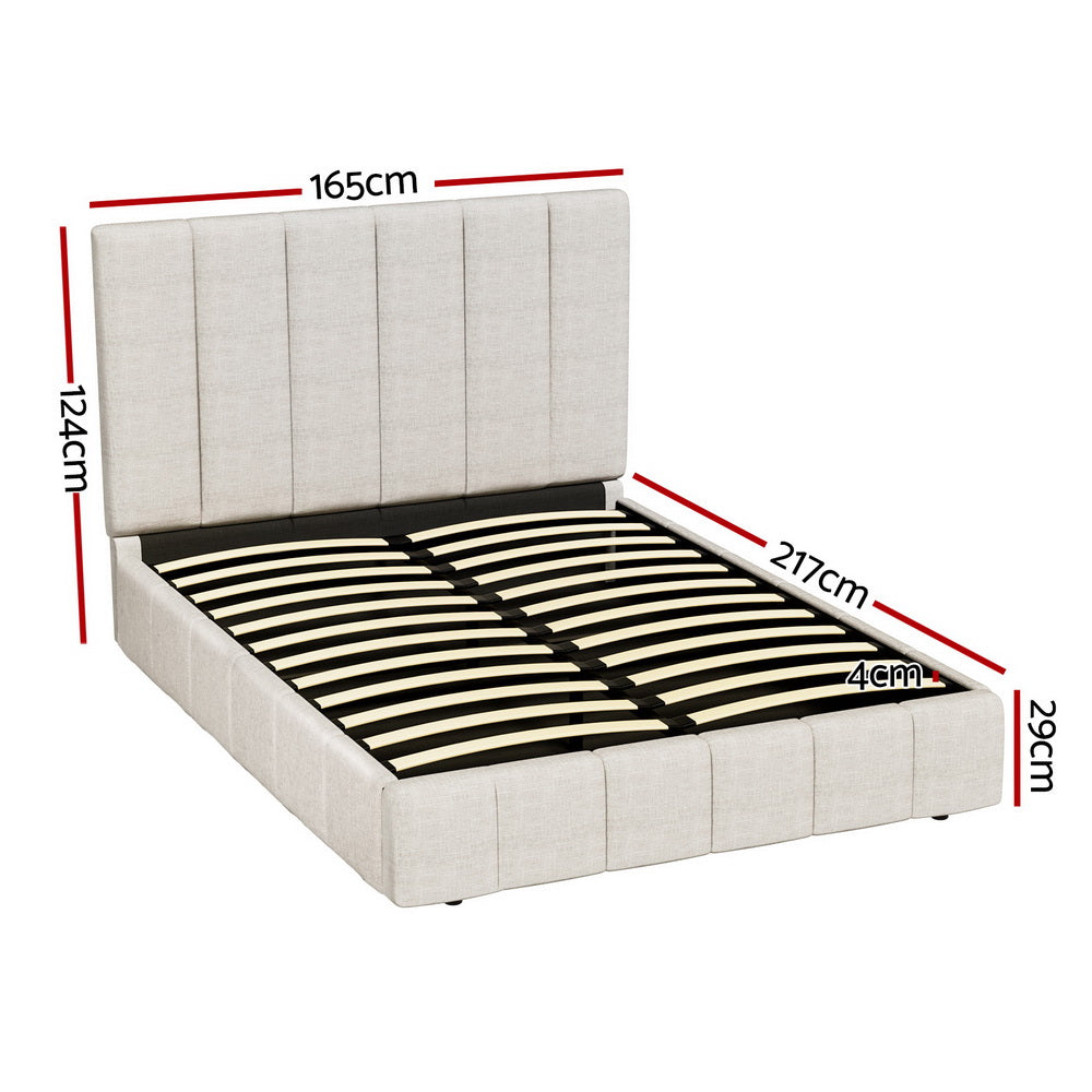 Tette Beige Queen Bed Frame – Linen Upholstery, Gas Lift Storage &amp; Padded Headboard | 300kg - Greenora Living