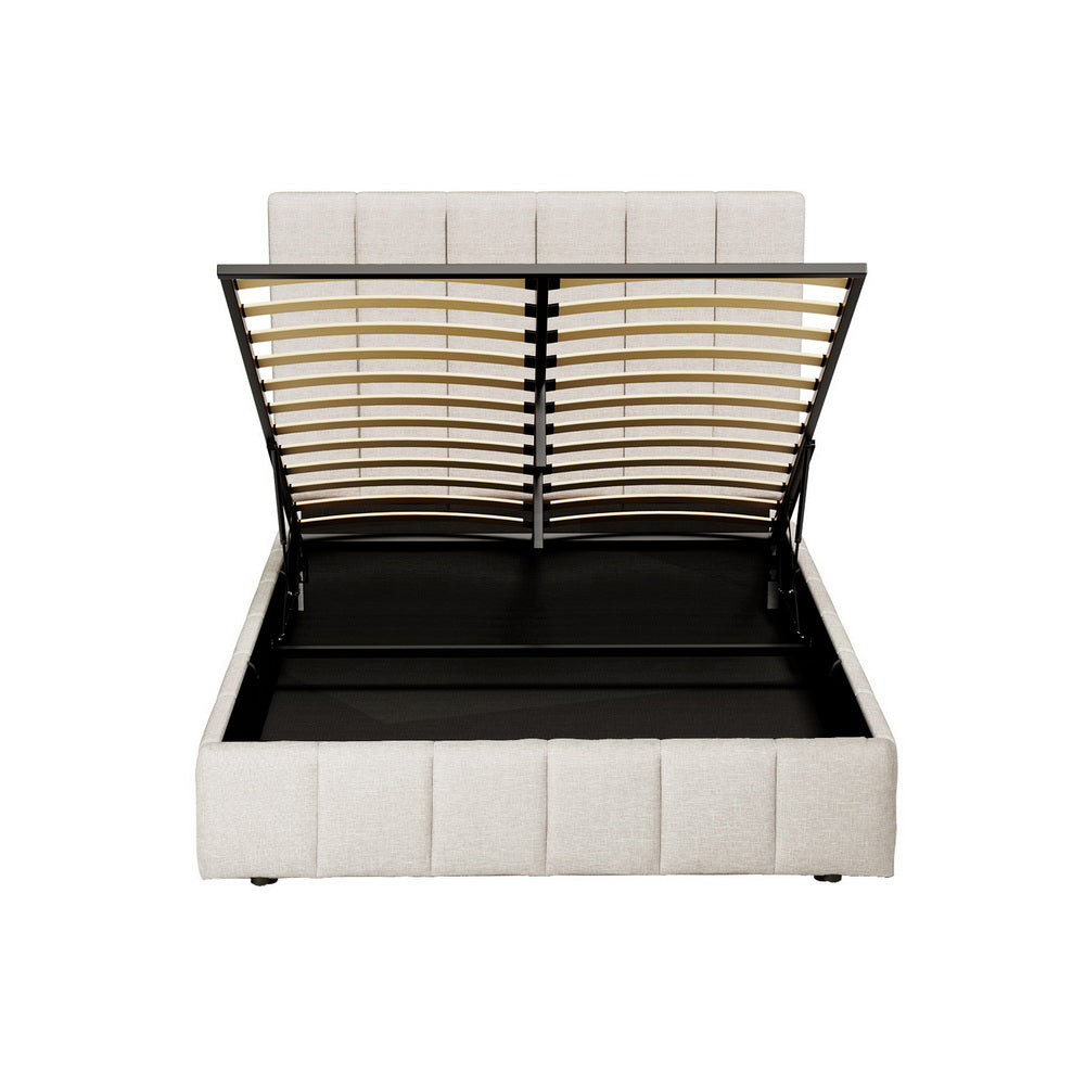 Tette Beige Queen Bed Frame – Linen Upholstery, Gas Lift Storage &amp; Padded Headboard | 300kg - Greenora Living