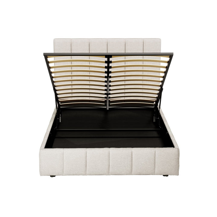Tette Beige Queen Bed Frame – Linen Upholstery, Gas Lift Storage &amp; Padded Headboard | 300kg - Greenora Living