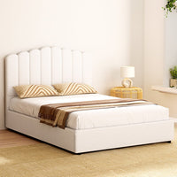 Fion Beige Boucle Double Bed Frame | Gas Lift Storage | Greenora Living Australia