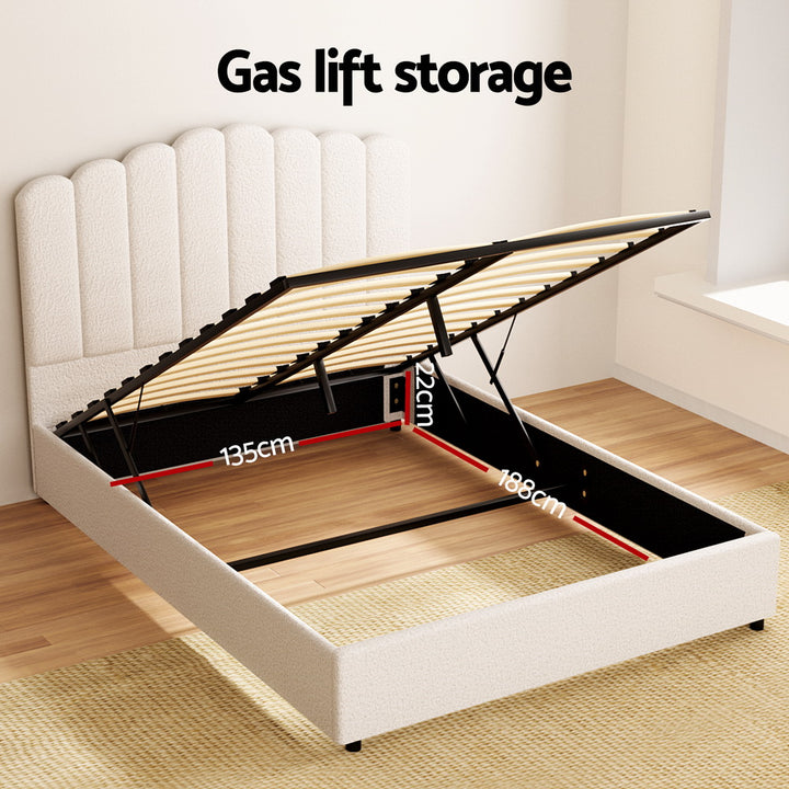 Fion Beige Boucle Double Bed Frame – Gas Lift Storage | Padded Headboard | 300kg Capacity - Greenora Living