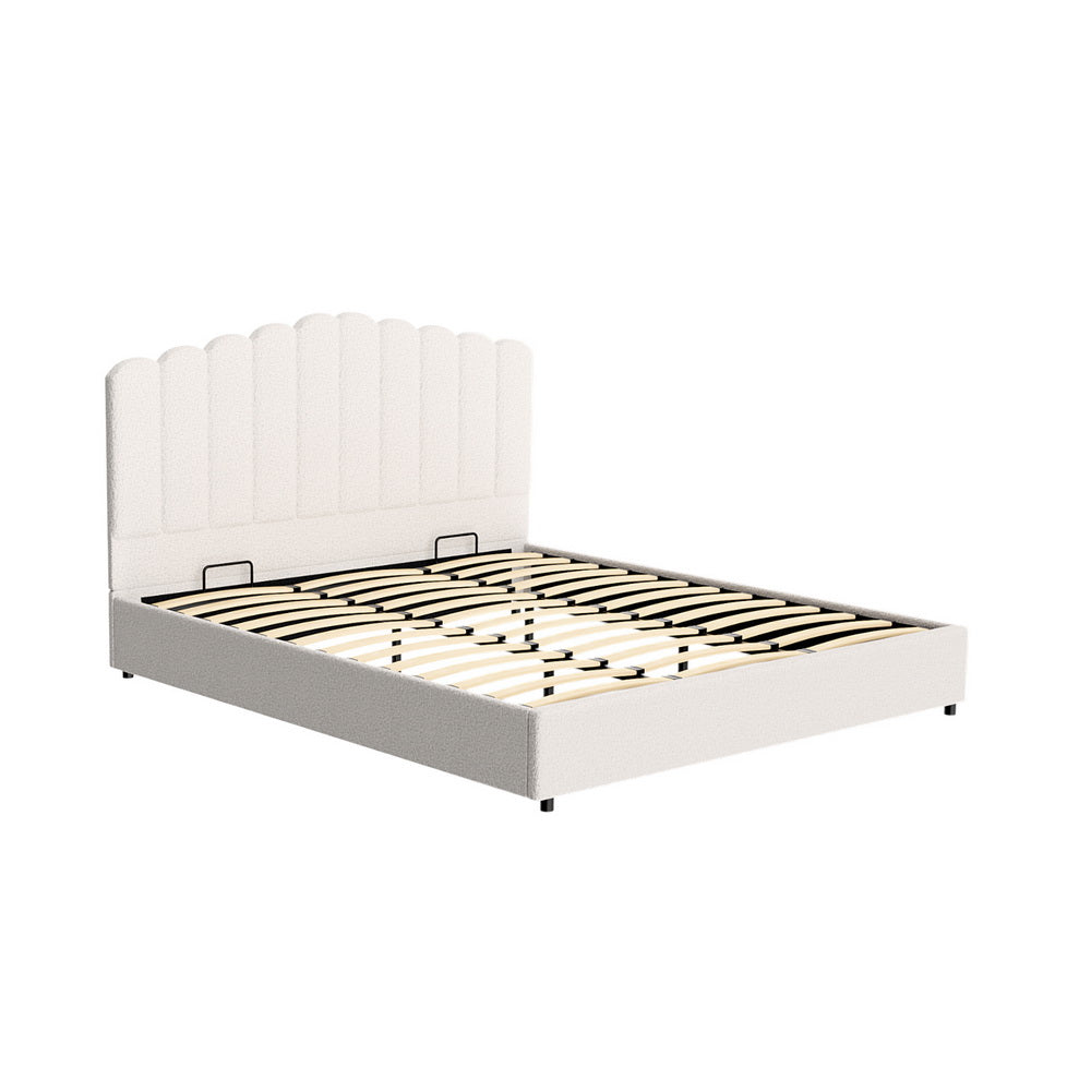 Fion Beige Boucle King Bed Frame – Gas Lift Storage | Padded Headboard | Pine Wood | 300kg - Greenora Living