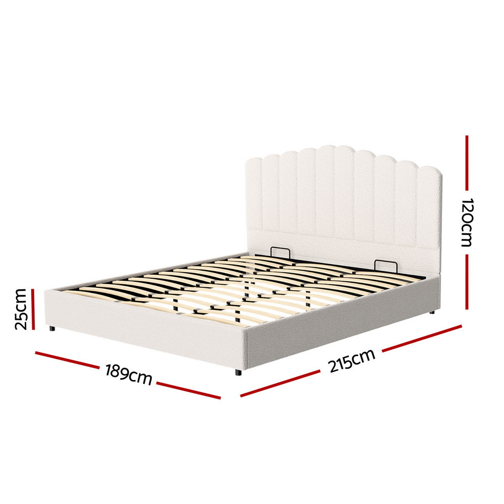 Fion Beige Boucle King Bed Frame – Gas Lift Storage | Padded Headboard | Pine Wood | 300kg - Greenora Living