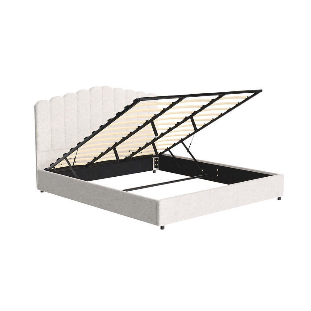 Fion Beige Boucle King Bed Frame – Gas Lift Storage | Padded Headboard | Pine Wood | 300kg - Greenora Living