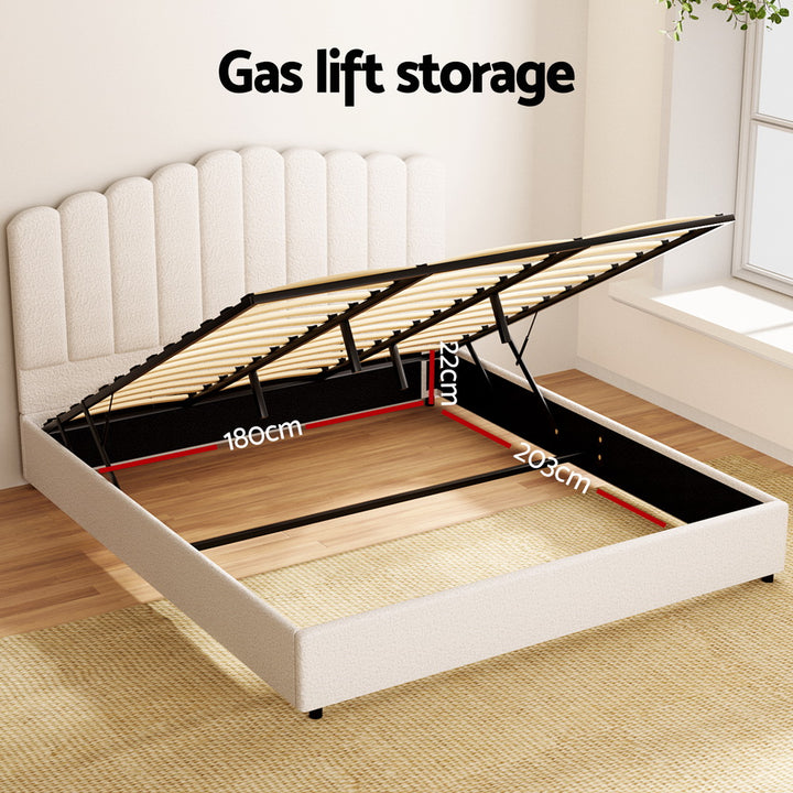 Fion Beige Boucle King Bed Frame – Gas Lift Storage | Padded Headboard | Pine Wood | 300kg - Greenora Living