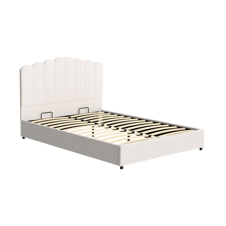 Fion White Boucle Queen Bed Frame – Gas Lift Storage | Padded Headboard | Pine Wood | 300kg - Greenora Living