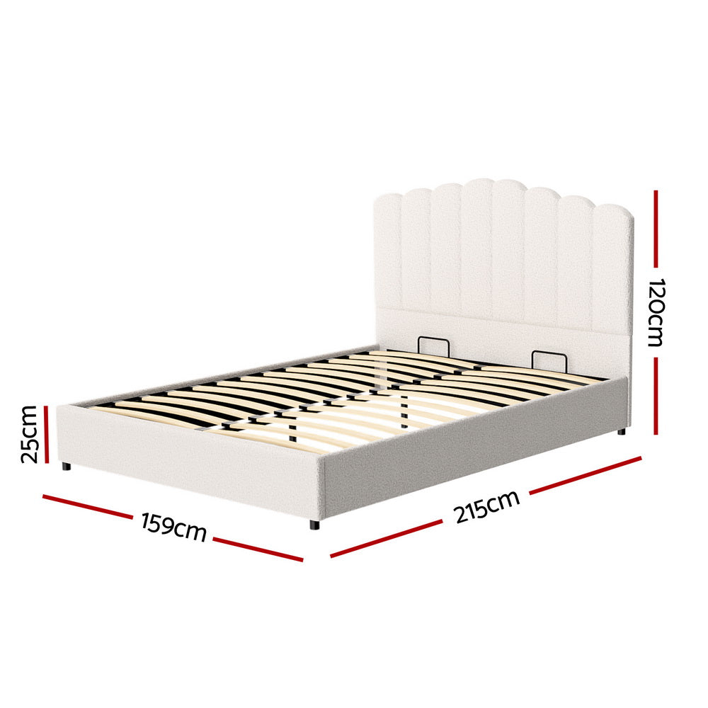 Fion White Boucle Queen Bed Frame – Gas Lift Storage | Padded Headboard | Pine Wood | 300kg - Greenora Living