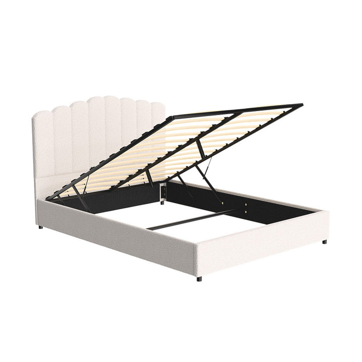 Fion White Boucle Queen Bed Frame – Gas Lift Storage | Padded Headboard | Pine Wood | 300kg - Greenora Living