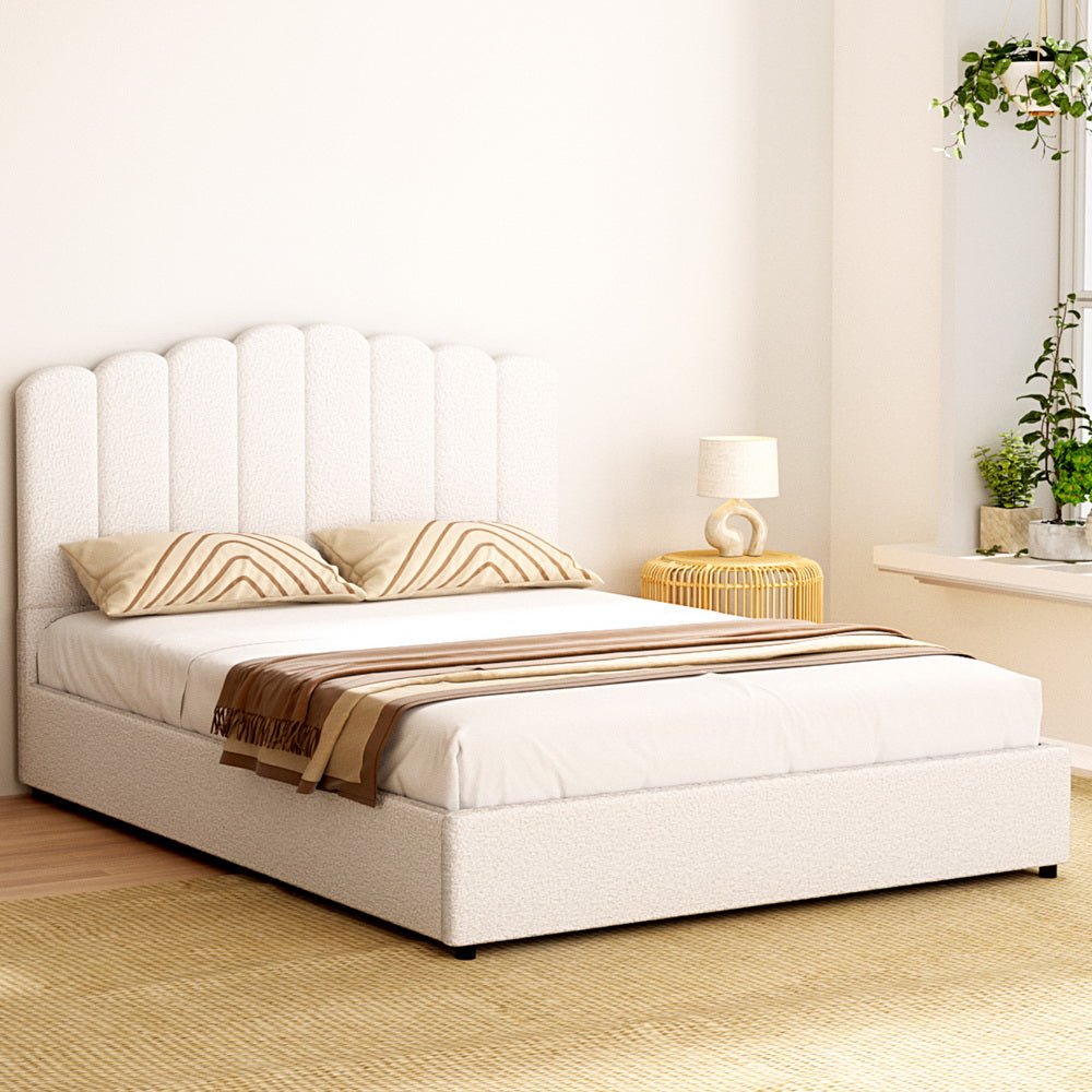 Fion Beige Boucle Queen Bed Frame | Gas Lift Storage | Greenora Living Australia