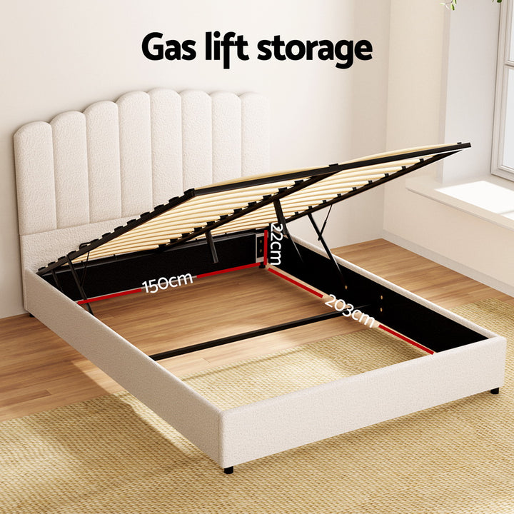 Fion White Boucle Queen Bed Frame – Gas Lift Storage | Padded Headboard | Pine Wood | 300kg - Greenora Living