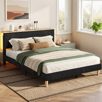 Queen Corduroy Velvet Bed Frame | Adjustable Headboard, RGB Lighting & Timber Shelf – Black | Greenora Living Australia