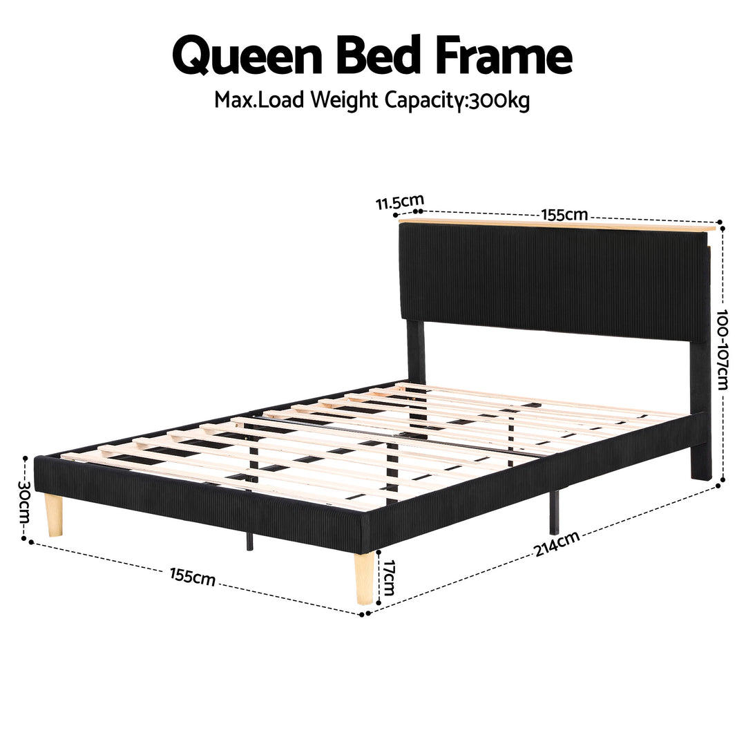 Queen Corduroy Velvet Bed Frame – Adjustable Headboard, RGB Mood Lighting &amp; Timber Shelf | Black - Greenora Living