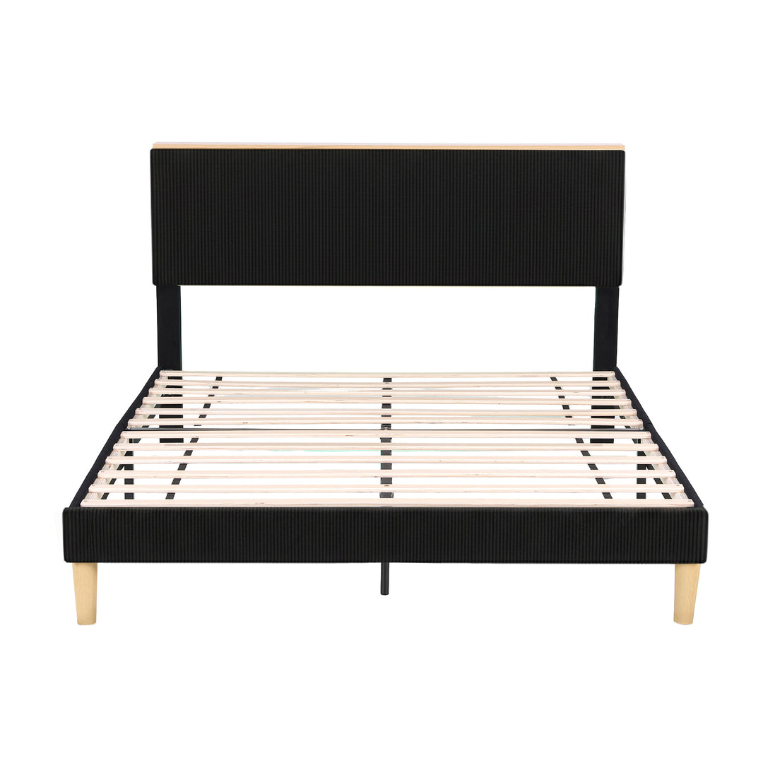 Queen Corduroy Velvet Bed Frame – Adjustable Headboard, RGB Mood Lighting &amp; Timber Shelf | Black - Greenora Living