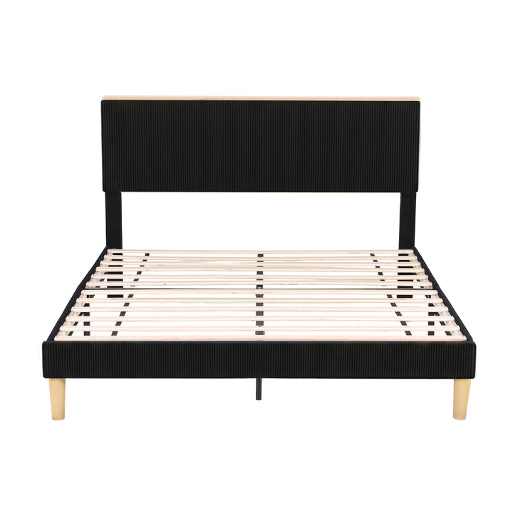 Queen Corduroy Velvet Bed Frame – Adjustable Headboard, RGB Mood Lighting &amp; Timber Shelf | Black - Greenora Living