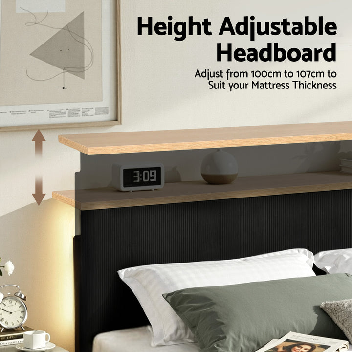 Queen Corduroy Velvet Bed Frame – Adjustable Headboard, RGB Mood Lighting &amp; Timber Shelf | Black - Greenora Living