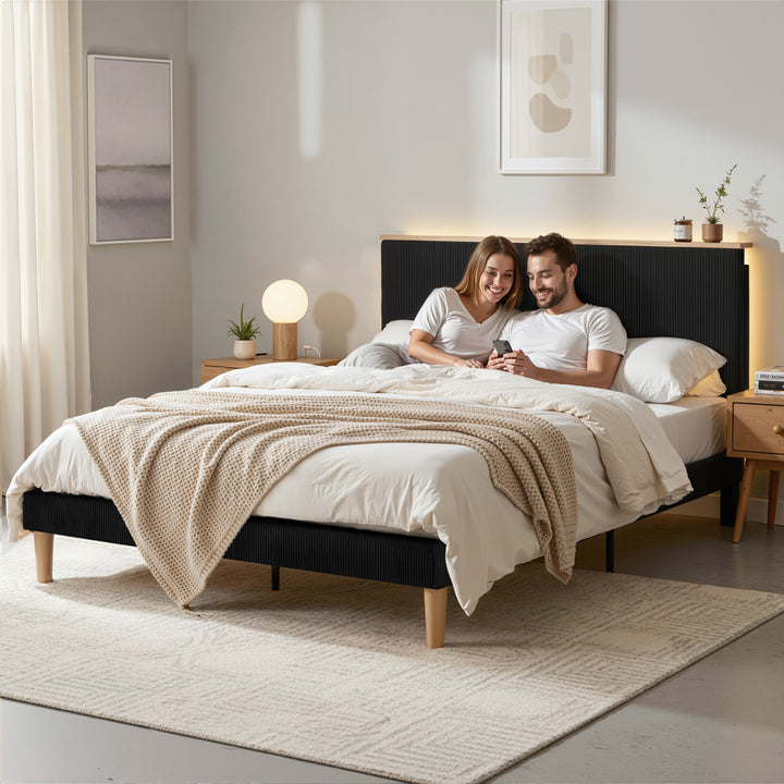 Queen Corduroy Velvet Bed Frame – Adjustable Headboard, RGB Mood Lighting &amp; Timber Shelf | Black - Greenora Living