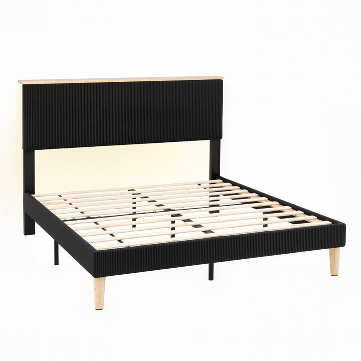 Queen Corduroy Velvet Bed Frame – Adjustable Headboard, RGB Mood Lighting &amp; Timber Shelf | Black - Greenora Living