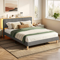 Queen Corduroy Velvet Bed Frame | Adjustable Headboard, RGB Lighting & Timber Shelf – Grey | Greenora Living Australia