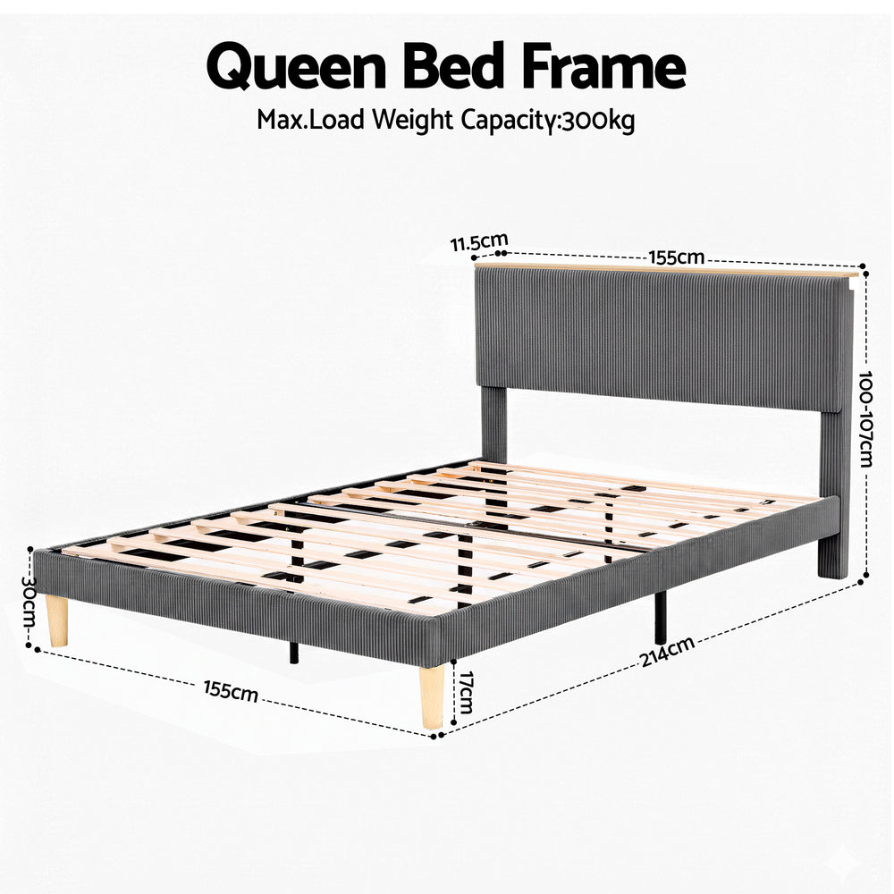 Queen Corduroy Velvet Bed Frame – Adjustable Headboard, RGB Mood Lighting & Timber Shelf | Grey - Greenora Living