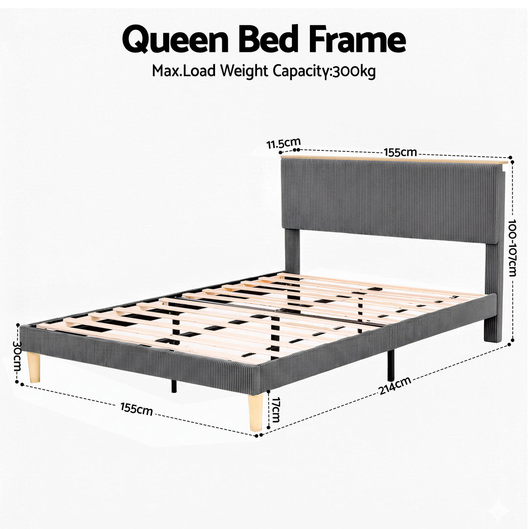 Queen Corduroy Velvet Bed Frame – Adjustable Headboard, RGB Mood Lighting &amp; Timber Shelf | Grey - Greenora Living