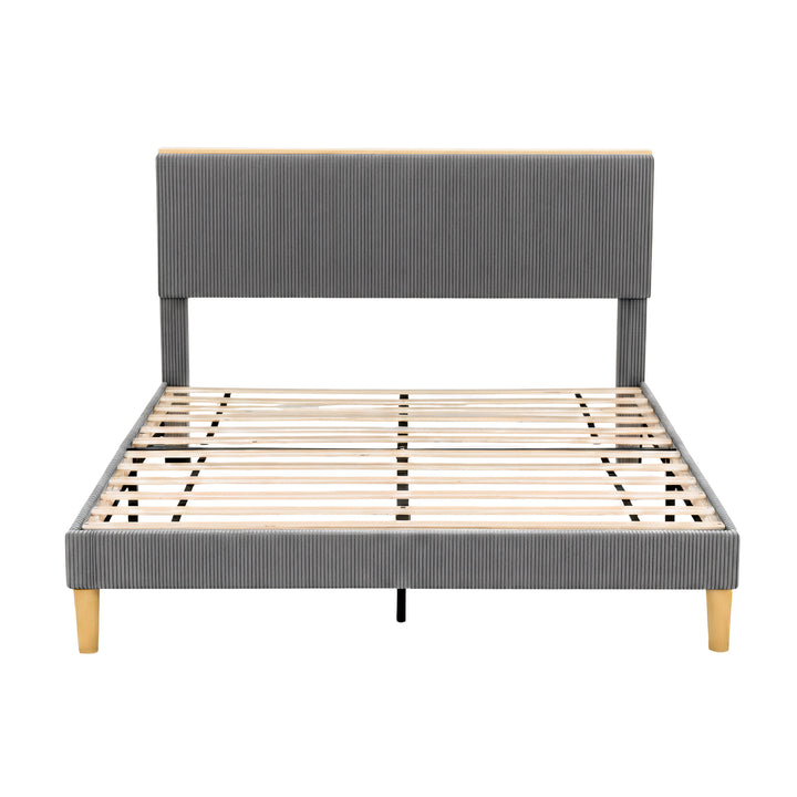 Queen Corduroy Velvet Bed Frame – Adjustable Headboard, RGB Mood Lighting &amp; Timber Shelf | Grey - Greenora Living