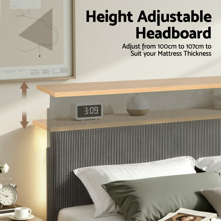 Queen Corduroy Velvet Bed Frame – Adjustable Headboard, RGB Mood Lighting &amp; Timber Shelf | Grey - Greenora Living