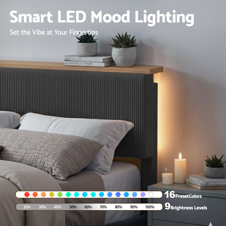 Queen Corduroy Velvet Bed Frame – Adjustable Headboard, RGB Mood Lighting &amp; Timber Shelf | Grey - Greenora Living