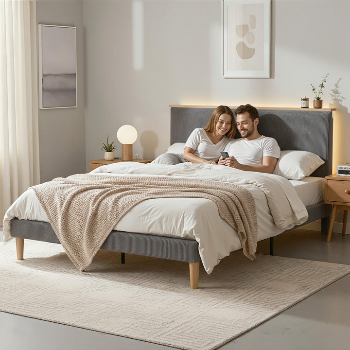 Queen Corduroy Velvet Bed Frame – Adjustable Headboard, RGB Mood Lighting &amp; Timber Shelf | Grey - Greenora Living