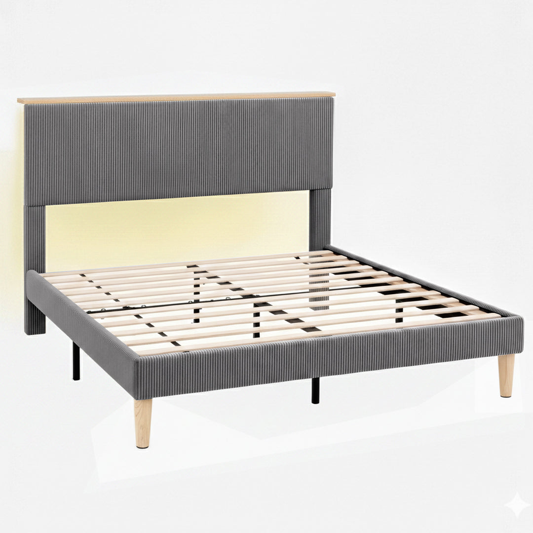 Queen Corduroy Velvet Bed Frame – Adjustable Headboard, RGB Mood Lighting &amp; Timber Shelf | Grey - Greenora Living