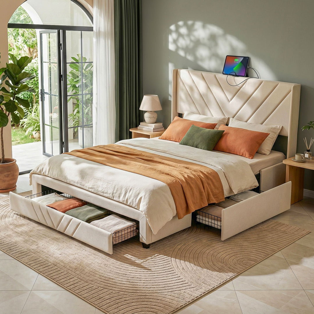 King Bed Frame with Charging Station & 3 Storage Drawers | Beige Faux Linen, 300KG, Noise Free | Greenora Living Australia