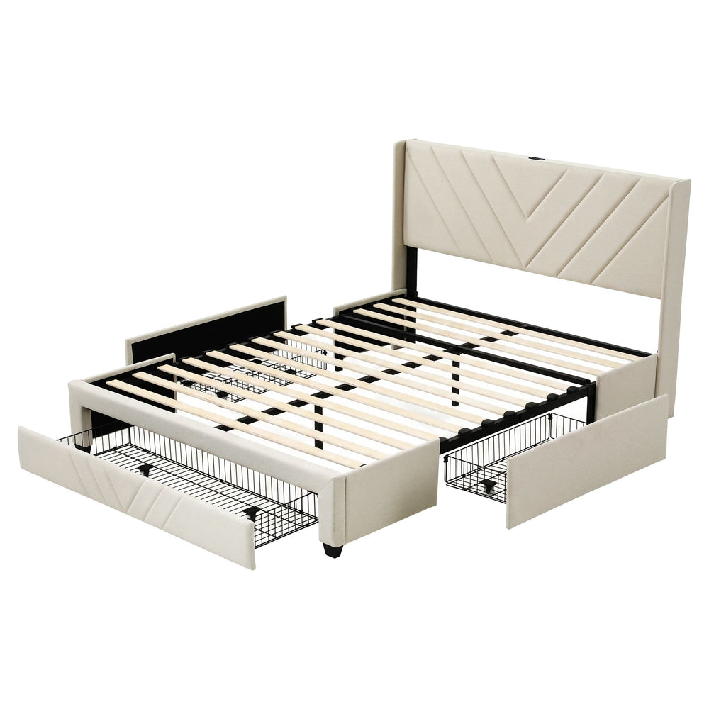 King Bed Frame with Charging Station & 3 Storage Drawers | Beige Faux Linen, 300KG, Noise Free | Greenora Living Australia
