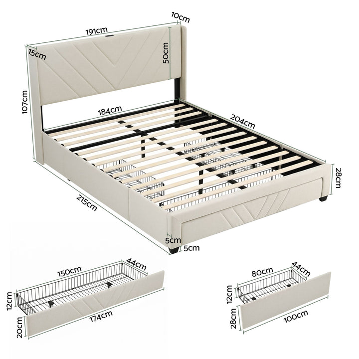King Bed Frame with Charging Station &amp; 3 Storage Drawers | Beige Faux Linen, 300KG, Noise Free | Greenora Living Australia