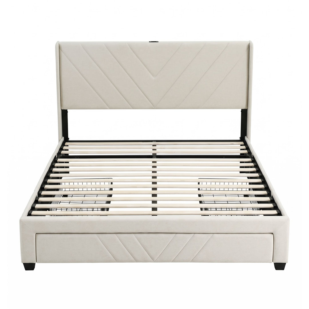 King Bed Frame with Charging Station &amp; 3 Storage Drawers | Beige Faux Linen, 300KG, Noise Free | Greenora Living Australia