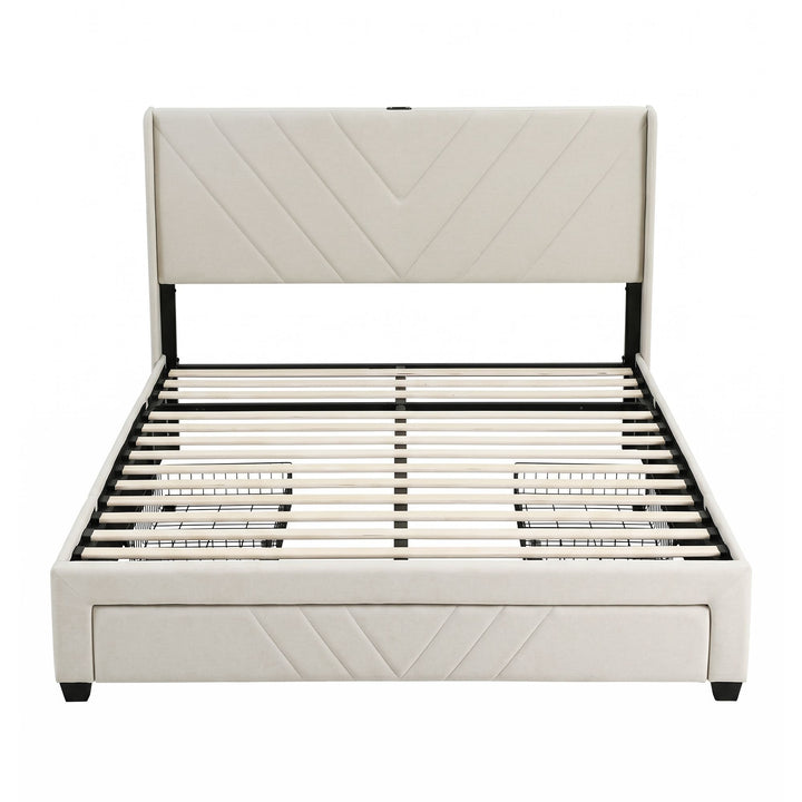 King Bed Frame with Charging Station &amp; 3 Storage Drawers | Beige Faux Linen, 300KG, Noise Free | Greenora Living Australia