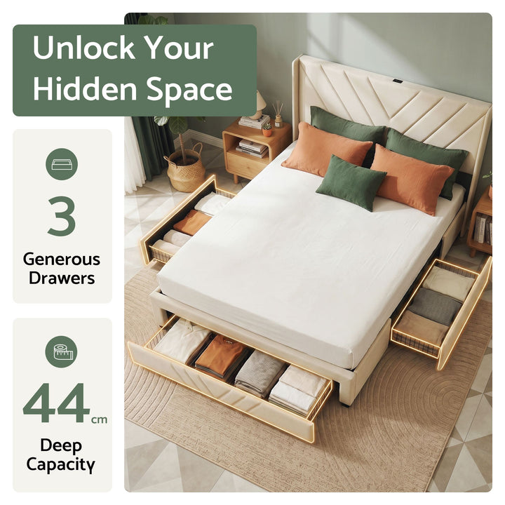 King Bed Frame with Charging Station &amp; 3 Storage Drawers | Beige Faux Linen, 300KG, Noise Free | Greenora Living Australia