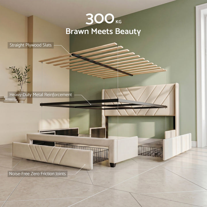 King Bed Frame with Charging Station &amp; 3 Storage Drawers | Beige Faux Linen, 300KG, Noise Free | Greenora Living Australia