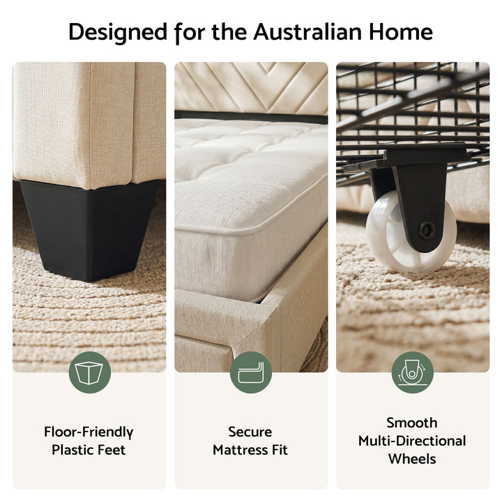 King Bed Frame with Charging Station &amp; 3 Storage Drawers | Beige Faux Linen, 300KG, Noise Free | Greenora Living Australia
