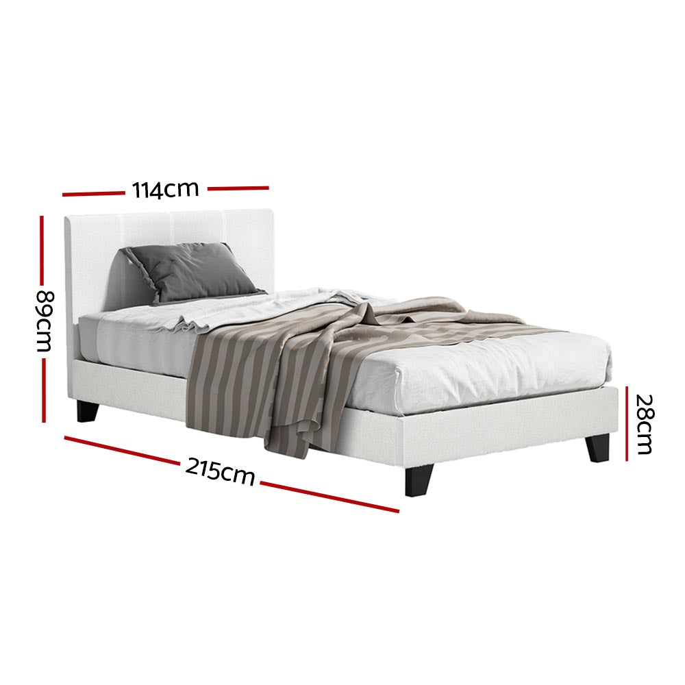 King Single Bed Frame & Mattress Bundle – White Boucle Headboard & Pocket Coil Hybrid Mattress - Greenora Living