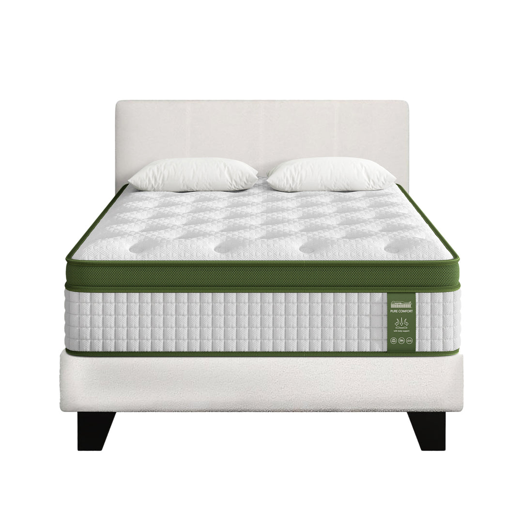 King Single Bed Frame &amp; Mattress Bundle – White Boucle Headboard &amp; Pocket Coil Hybrid Mattress - Greenora Living